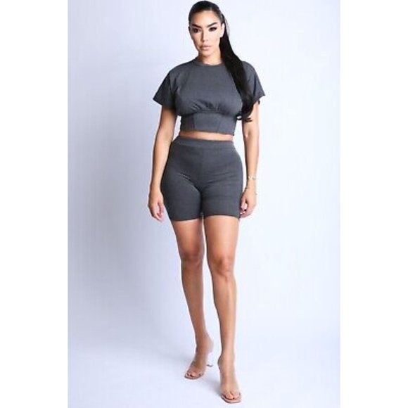 Women's Short Sleeves Corseted Top And Matching Biker Shorts 2 Piece Outfit Set - Picture 9 of 9